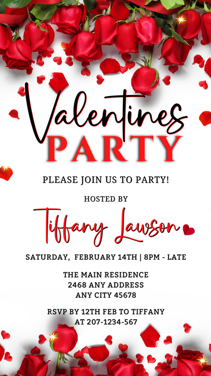 Red Roses Border Themed Valentine's Party Evite with editable text and rose petal design, instantly downloadable for customization via Canva.