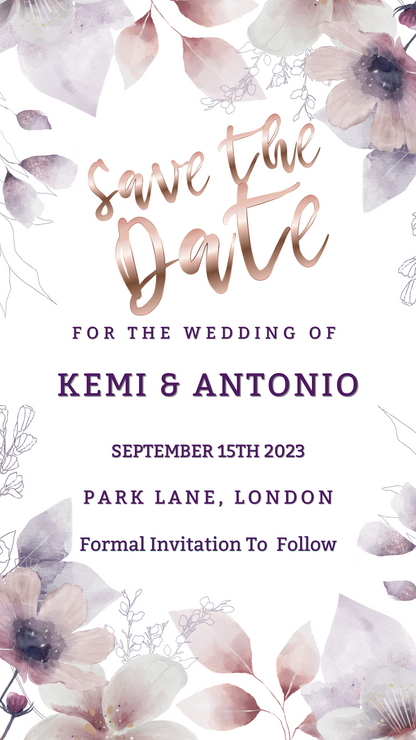 Editable Boho Rustic Floral Save The Date Evite featuring purple flowers and customizable text, ideal for digital invitations via smartphone.