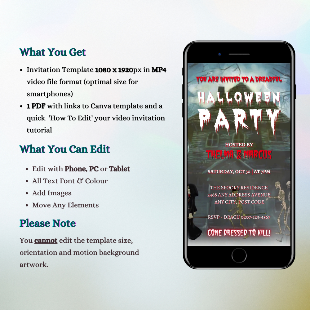 Hunted House & Ghosts | Halloween Party Video Invite displayed on a smartphone screen with spooky text and skeleton graphics, showcasing a digital Halloween invitation.