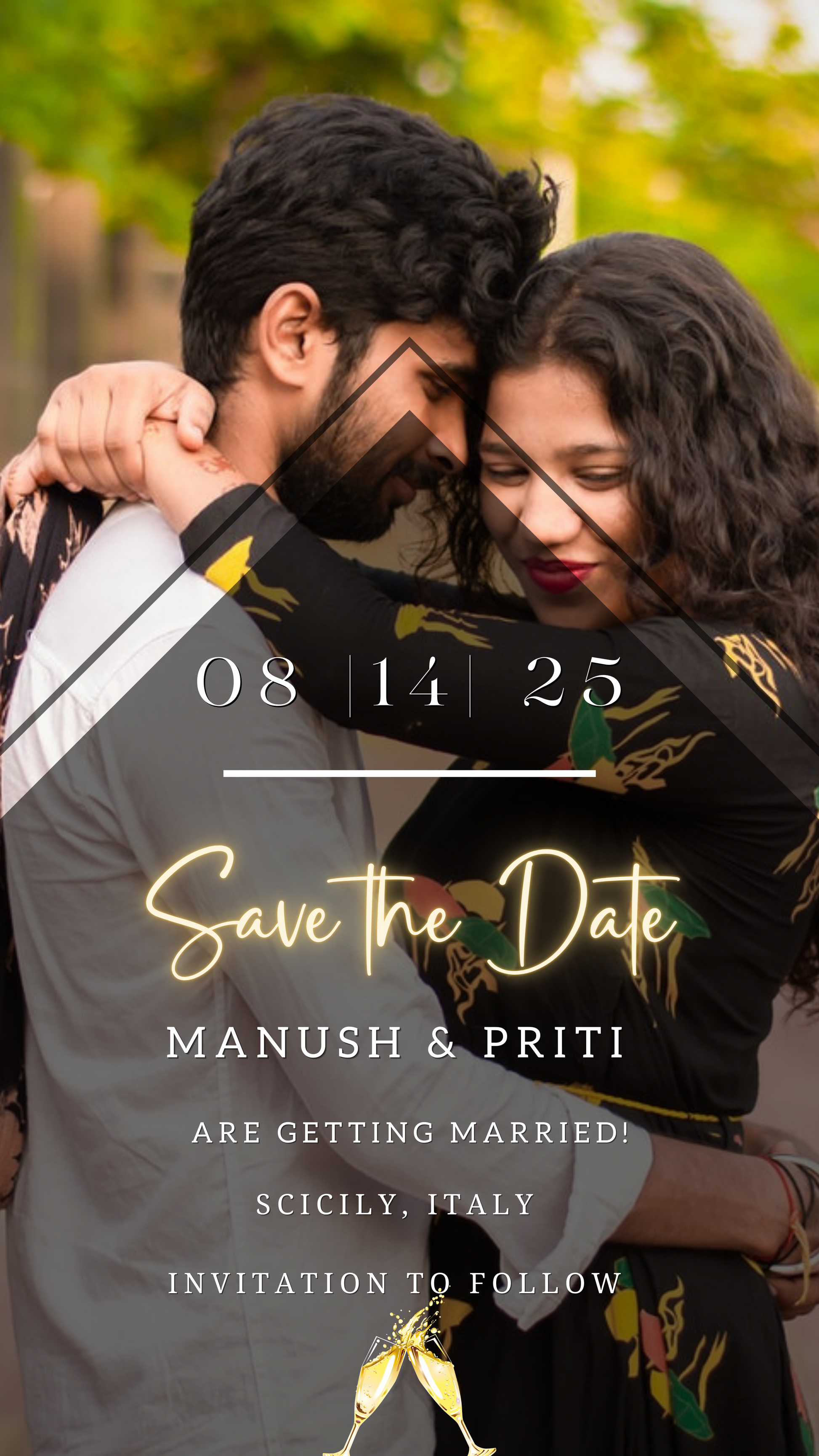 Couple hugging, showcasing the Gold Neon Photo | Save The Date Wedding Evite customizable digital invitation template by URCordiallyInvited.