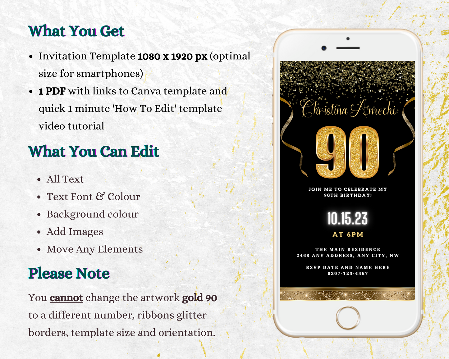 Digital Black Gold Confetti 90th Birthday Evite displayed on a smartphone screen, featuring customizable text and decorative elements for easy personalization via Canva.