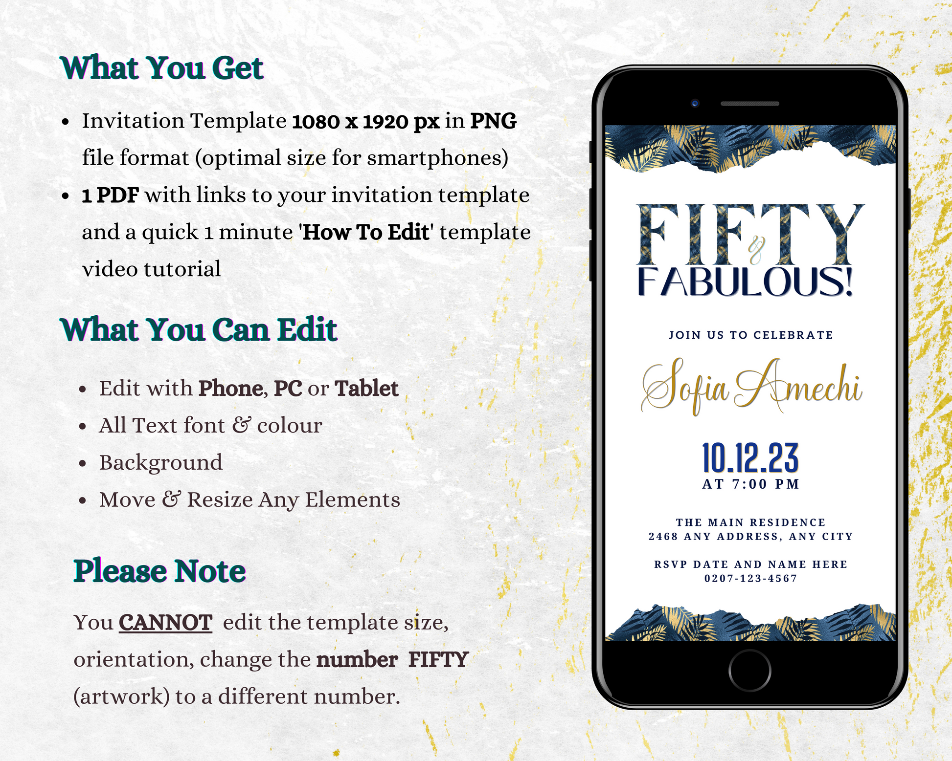 Customizable Gold White Blue Tropical | Fifty & Fabulous Party Evite displayed on a smartphone screen with editable text for digital invitations.