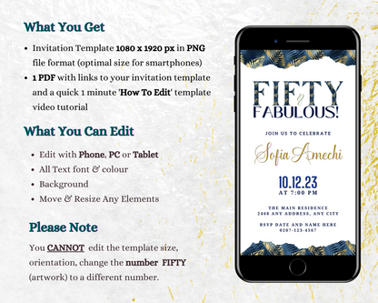 Customizable Gold White Blue Tropical | Fifty & Fabulous Party Evite displayed on a smartphone screen with editable text for digital invitations.