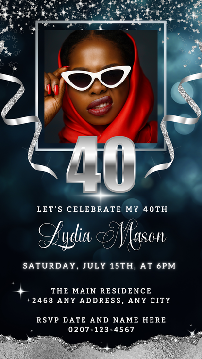 Woman wearing sunglasses and a red scarf holding a customizable Navy Silver Glitter 40th Birthday Evite template for digital invitations.