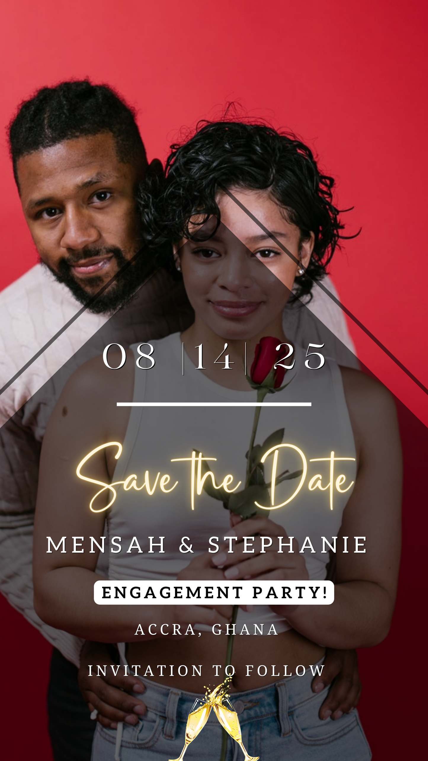 Man and woman posing with a rose, highlighting the Editable Digital Diamond Photo Engagement | Save The Date Evite for instant download and personalization via Canva.