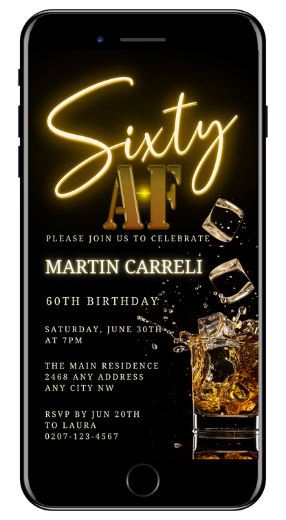 Customizable Black Gold Neon Cube Splash 60AF Birthday Evite displayed on a smartphone screen, featuring editable text and graphics for digital invitations via Canva.