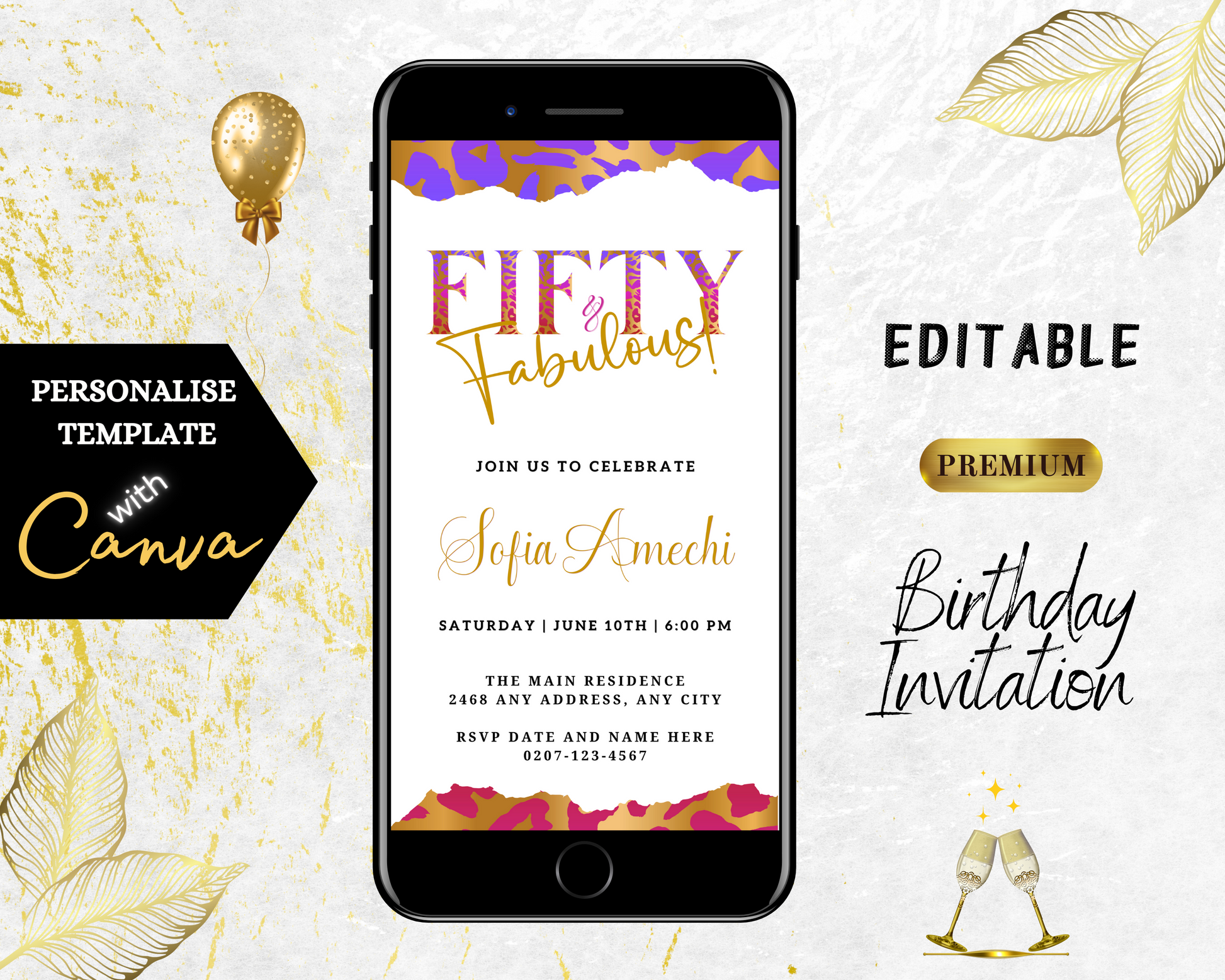 Customizable Fifty & Fabulous digital party invitation template displayed on a smartphone screen, ready for personalizing via Canva for electronic sharing.