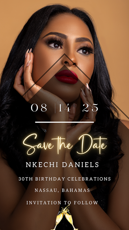 Woman with long black hair and red lipstick showcasing URCordiallyInvited's Editable Digital Birthday Photo | Save The Date Evite for customisation via Canva.