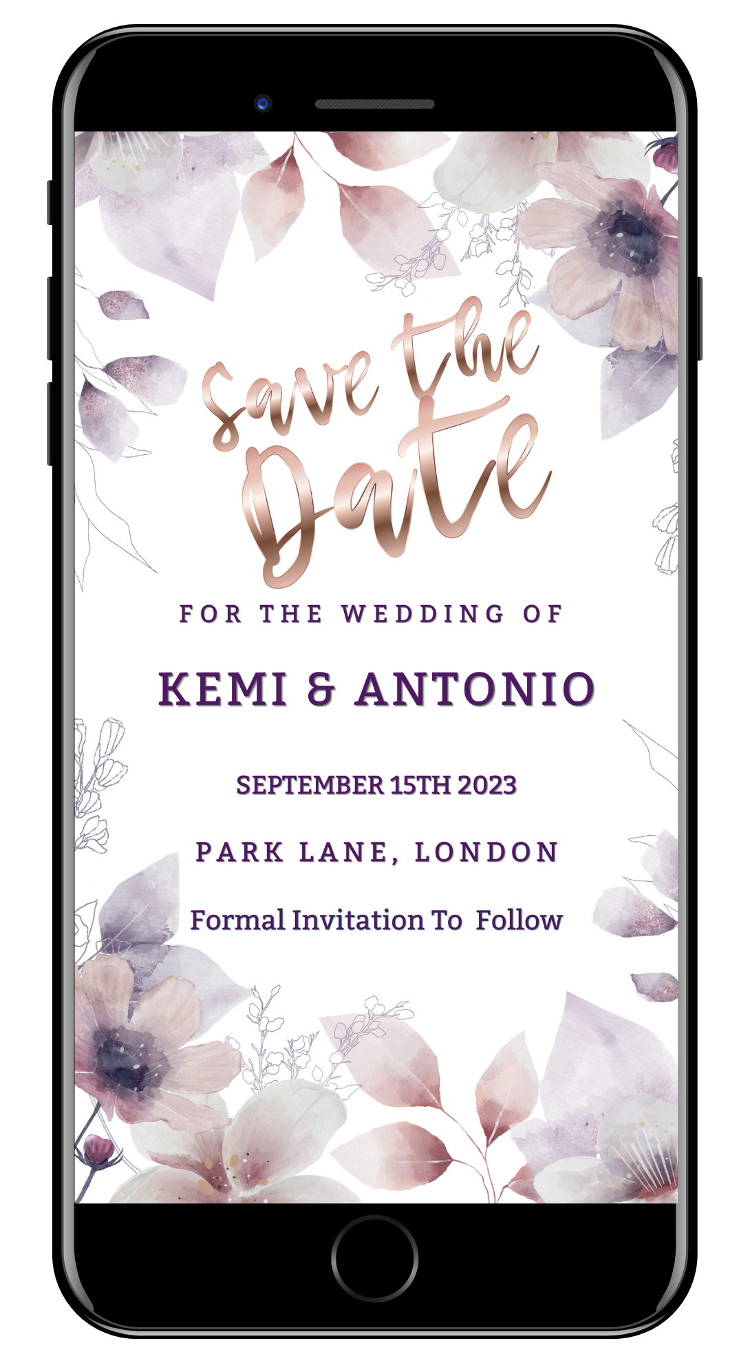 Boho Rustic Floral Save The Date Evite displayed on a smartphone screen, showcasing editable text and purple floral design elements.
