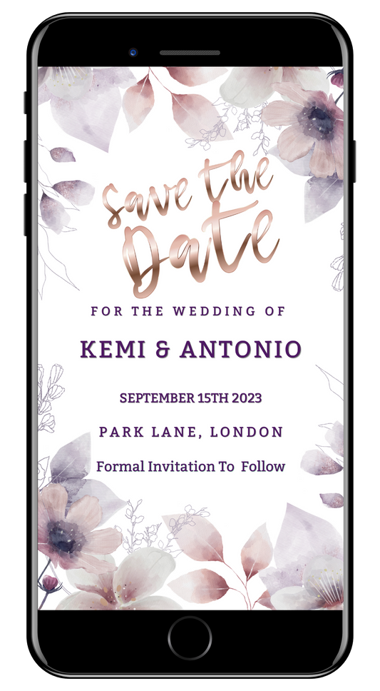 Boho Rustic Floral Save The Date Evite displayed on a smartphone screen, showcasing editable text and purple floral design elements.