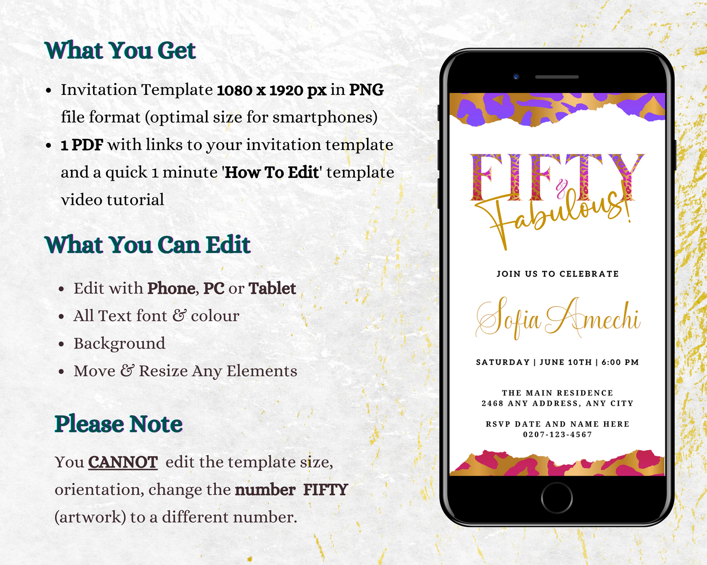 Customizable digital invitation displayed on a smartphone screen, titled Purple Pink White | Fifty & Fabulous Party Evite, for easy editing and electronic sharing.