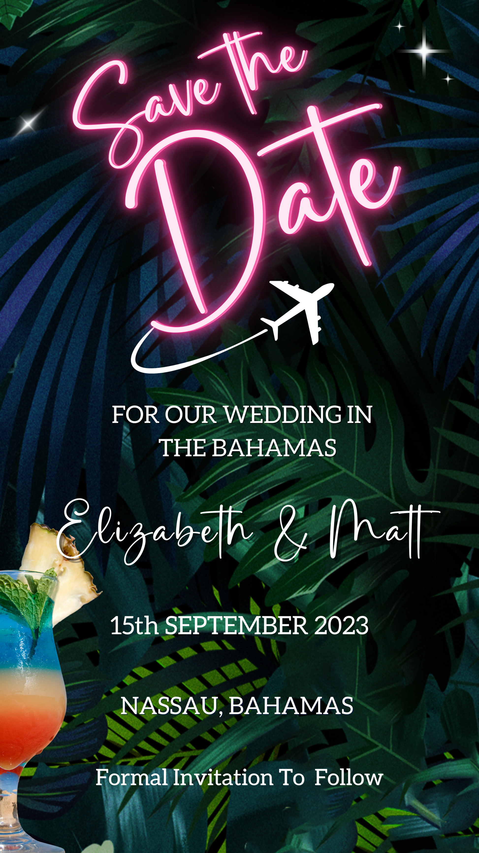 Neon pink Save The Date digital evite with tropical plant and drink illustration, customizable via Canva for electronic sharing.