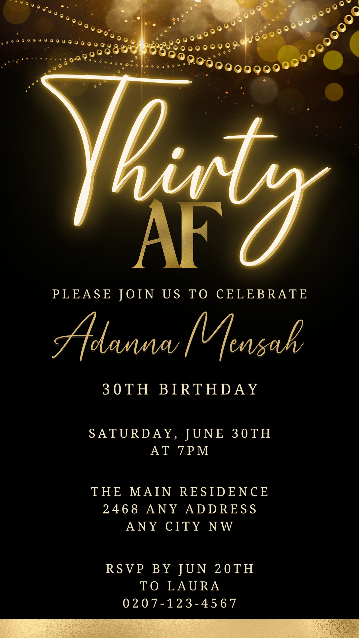 Customisable Black Gold Neon Sparkle 30AF Birthday Evite with elegant gold text on a black background, perfect for digital invitations via WhatsApp and other platforms.