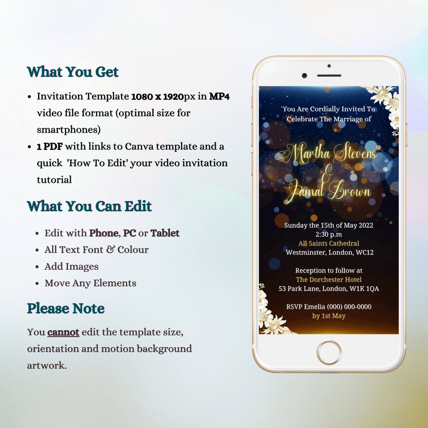 Customizable Gold Blue Floral Wedding Video Invitation displayed on a white smartphone screen, ready for personalization using the free Canva design app.