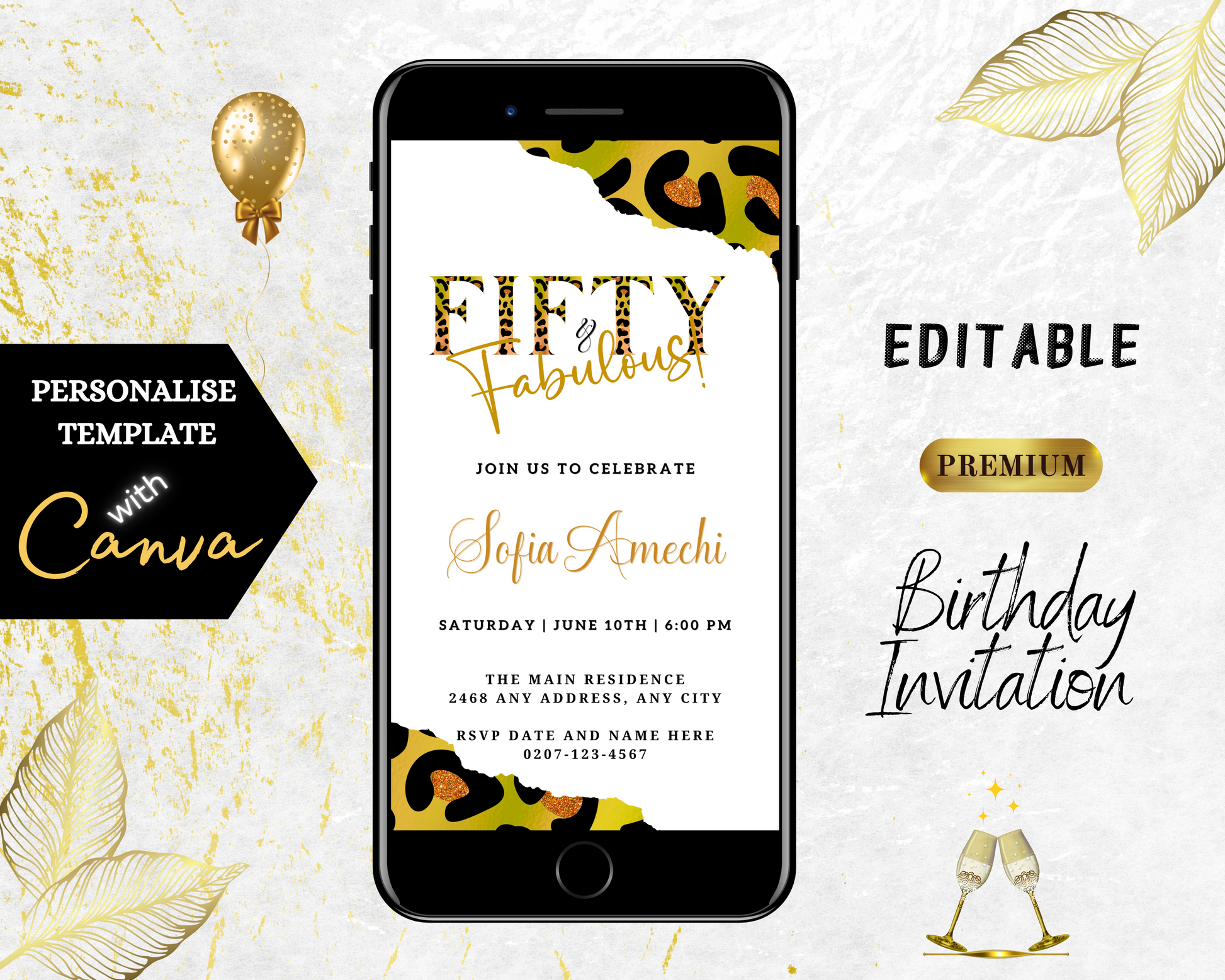 Customizable Digital Green Gold Neon White Animal Print | Fifty & Fabulous Party Evite on a smartphone, showcasing a black screen with gold and black text.