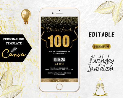 Customizable Black Gold Confetti 100th Birthday Evite displayed on a smartphone, featuring editable text, gold accents, and celebratory elements for a digital invitation.