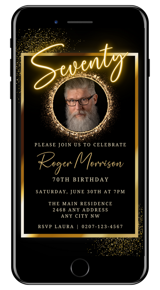 Neon Gold Oval Photo Frame | 70th Birthday Evite displayed on a smartphone screen with a photo of a bearded man with glasses.