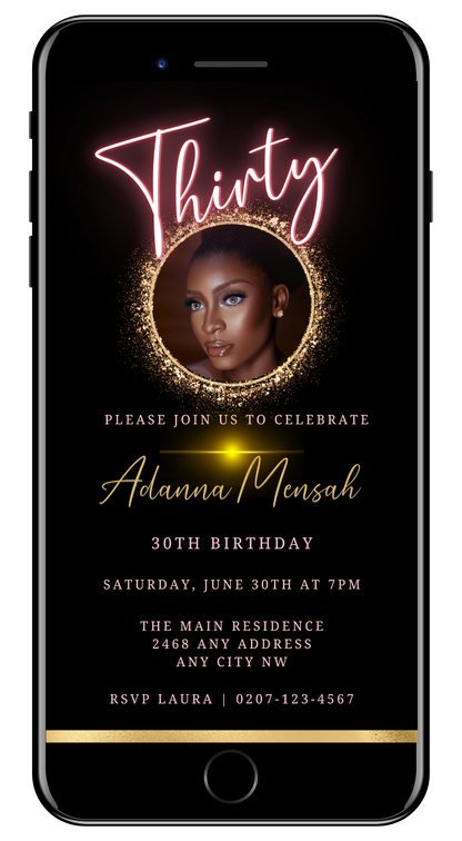 Customizable Oval Gold Photo Frame Neon for 30th Birthday Evite displayed on a smartphone screen, featuring a woman's face in the design template.