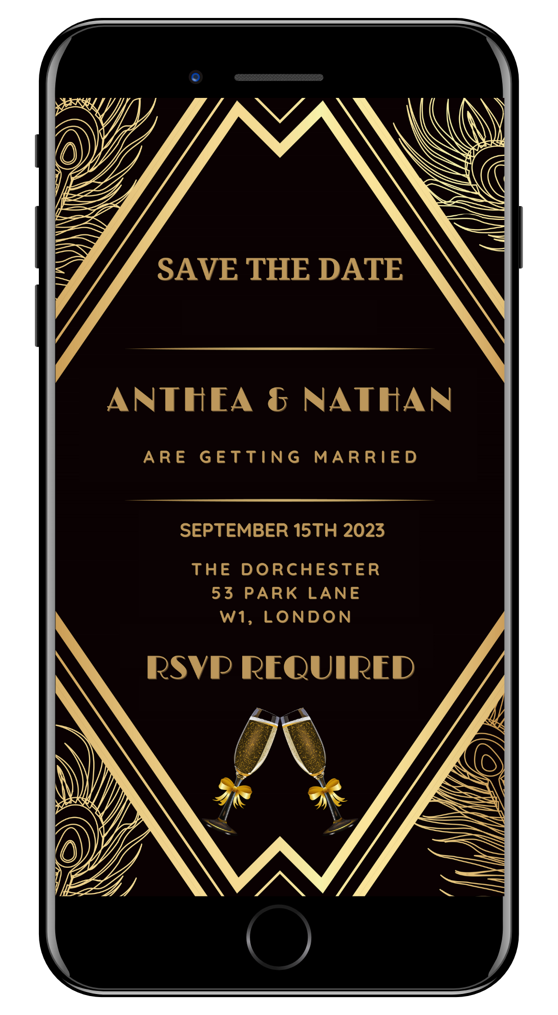 Gatsby Art Deco Save The Date Evite displayed on a smartphone screen, featuring a customizable black and gold invitation template.