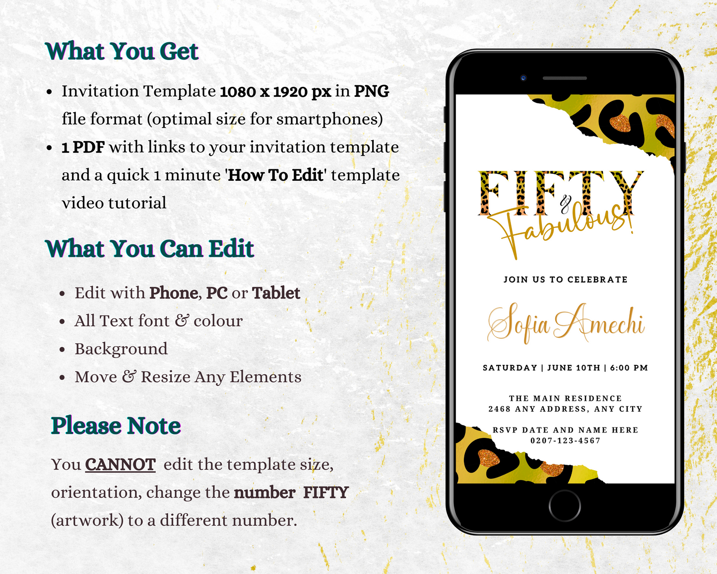 Green Gold Neon White Animal Print | Fifty & Fabulous Party Evite displayed on a smartphone screen, showing customizable text and design elements.