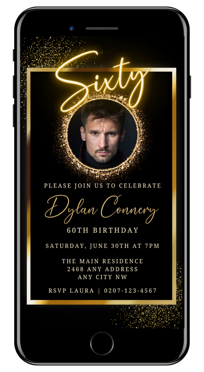 Neon Gold Oval Photo Frame | 60th Birthday Evite shown on a smartphone screen with a man's photo and customizable text.