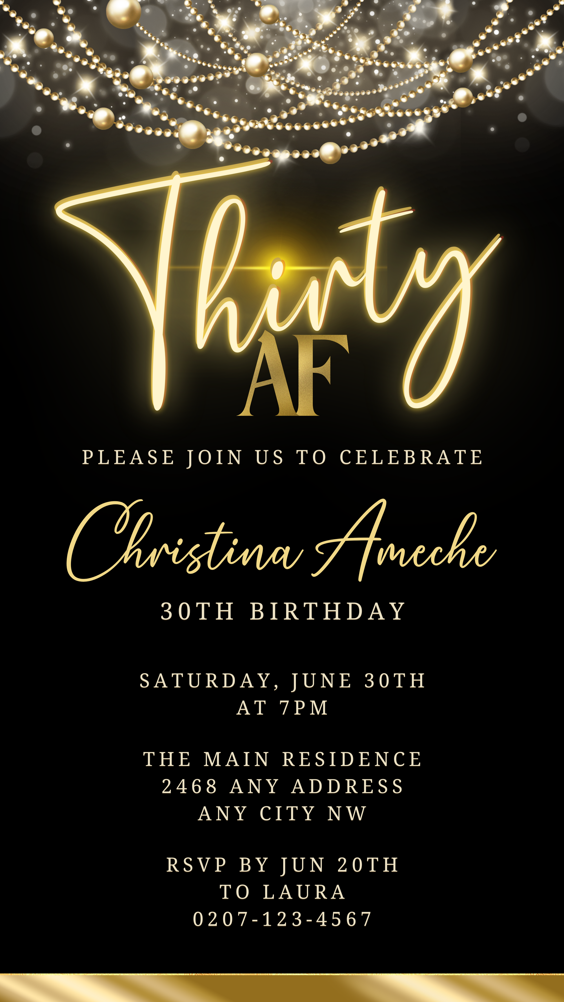 Black Gold Neon Art Deco Bling | 30AF Birthday Evite template featuring customizable gold text on a black background, ideal for digital invitations via smartphone.