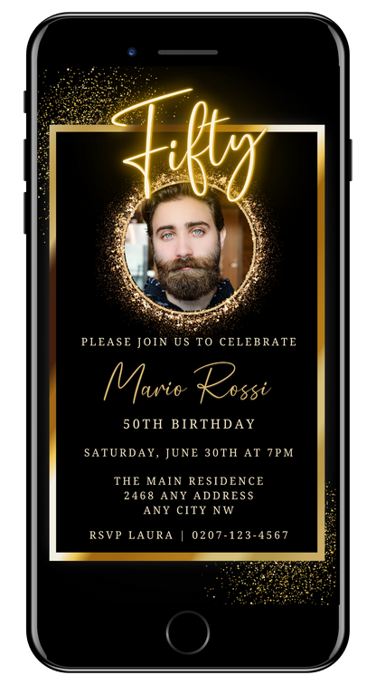 Neon Gold Oval Photo Frame | 50th Birthday Evite shown on a smartphone screen, featuring a customizable image of a bearded man wearing a crown.