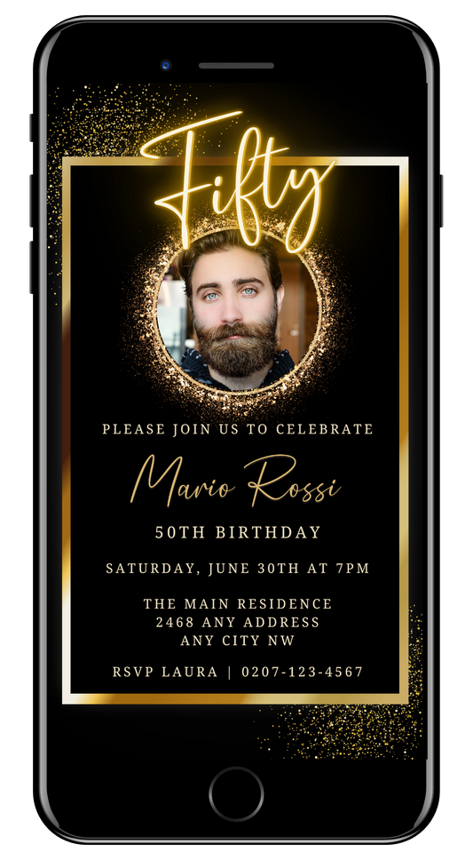 Neon Gold Oval Photo Frame | 50th Birthday Evite shown on a smartphone screen, featuring a customizable image of a bearded man wearing a crown.