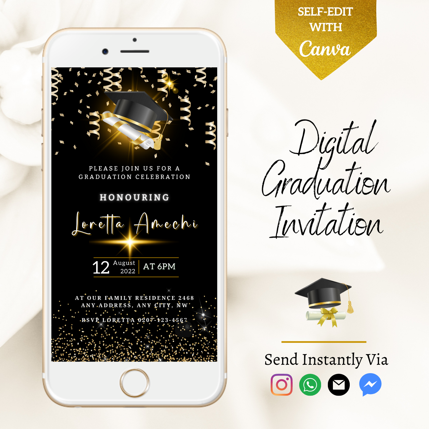 Black & Gold Graduation Invitation on smartphone screen, featuring cap and scroll theme, ideal for digital sharing and customization via Canva from URCordiallyInvited.