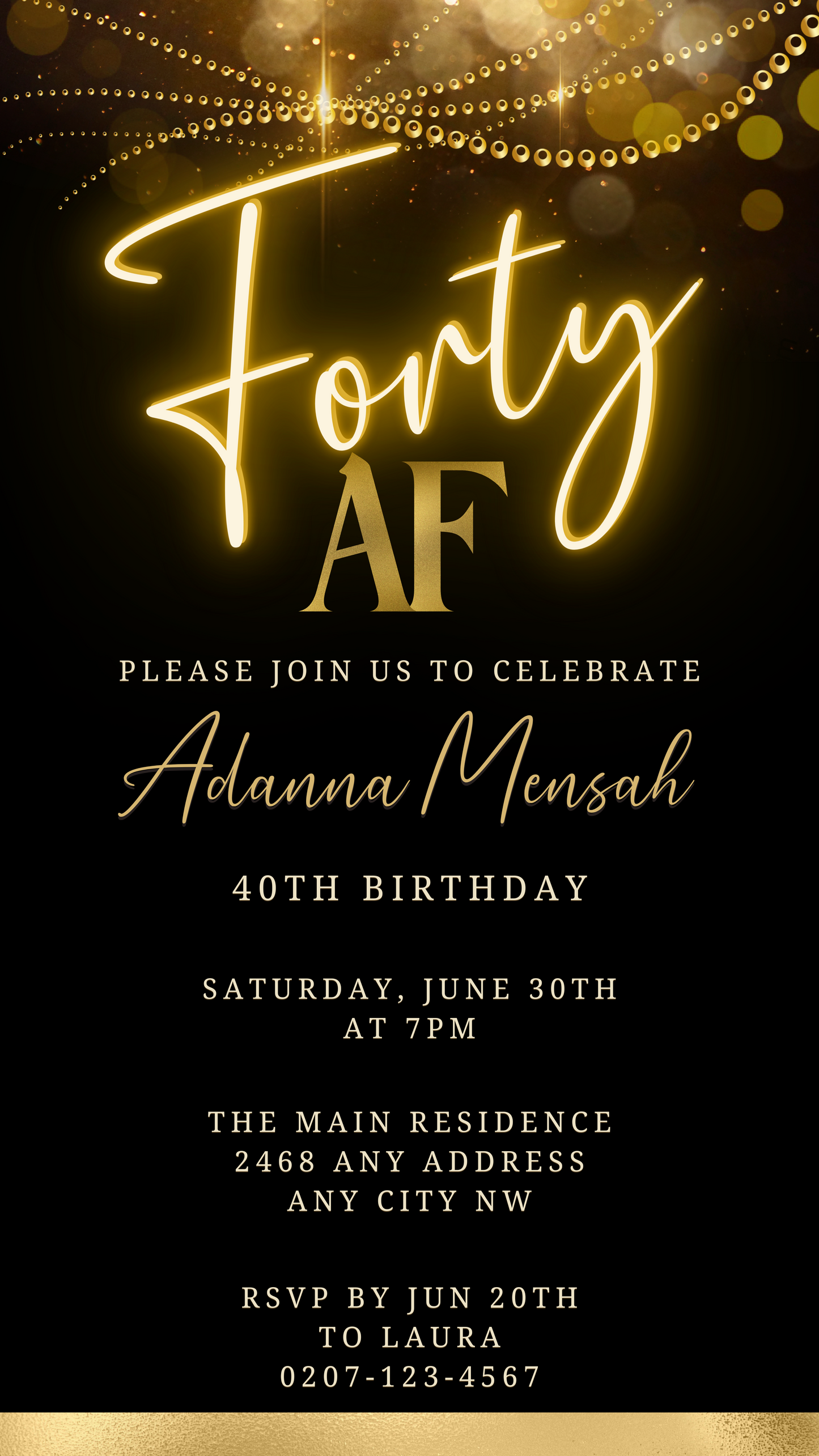Black Gold Neon Sparkle | 40AF Birthday Evite featuring customizable gold text on a black background, perfect for digital invitations via smartphone.