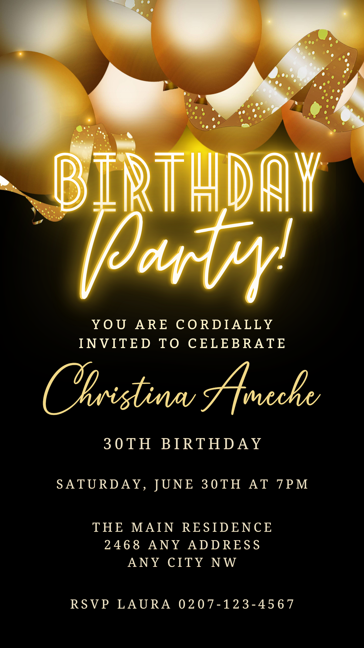 Customisable digital birthday party invitation featuring gold neon balloons and editable text, designed for easy personalization via Canva on smartphones, tablets, or PCs.