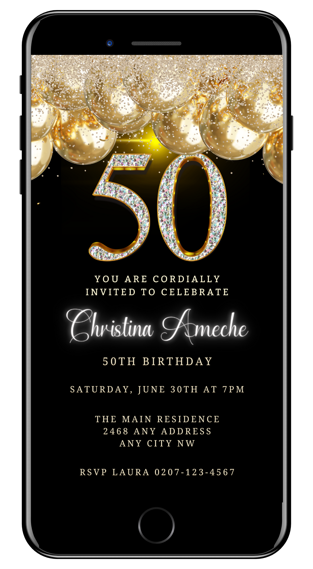Customizable Black Gold Balloons Glitter | 50th Birthday Evite displayed on a smartphone screen, featuring gold balloons and diamond-studded numbers.