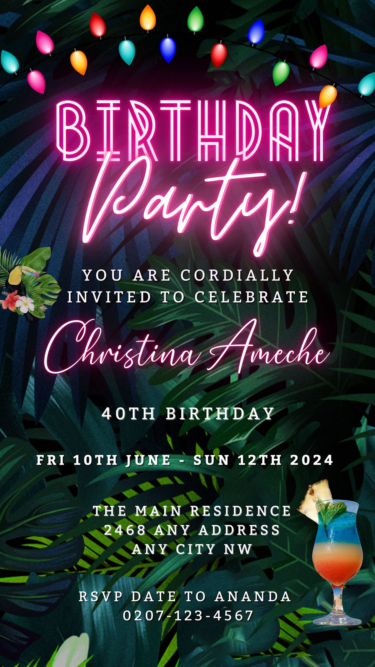 Colourful Neon Pink Tropical Birthday Party Evite featuring palm leaves and flowers, customizable via Canva for smartphones. Ideal for digital invitations.
