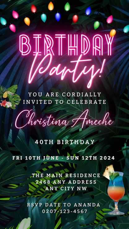 Colourful Neon Pink Tropical Birthday Party Evite featuring palm leaves and flowers, customizable via Canva for smartphones. Ideal for digital invitations.