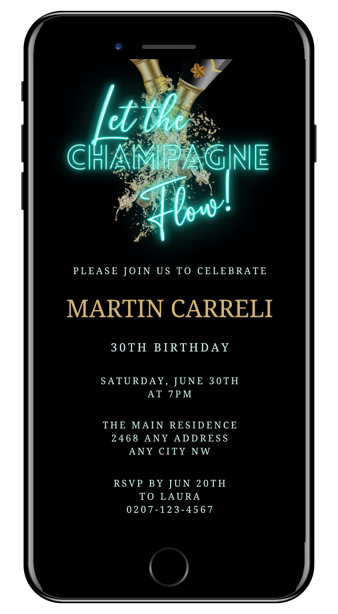 Customizable Digital Teal Black Champagne Birthday Party Evite on a phone screen, showcasing a neon sign design for easy personalization via Canva.