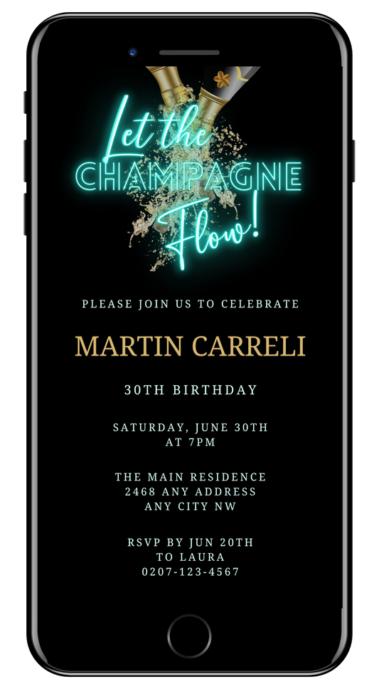 Teal Black Champagne | Birthday Party Evite