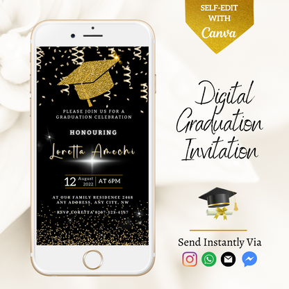 Black & Gold Graduation Invitation featuring a glitter cap and confetti design, customizable in Canva, ideal for digital sharing via smartphone.