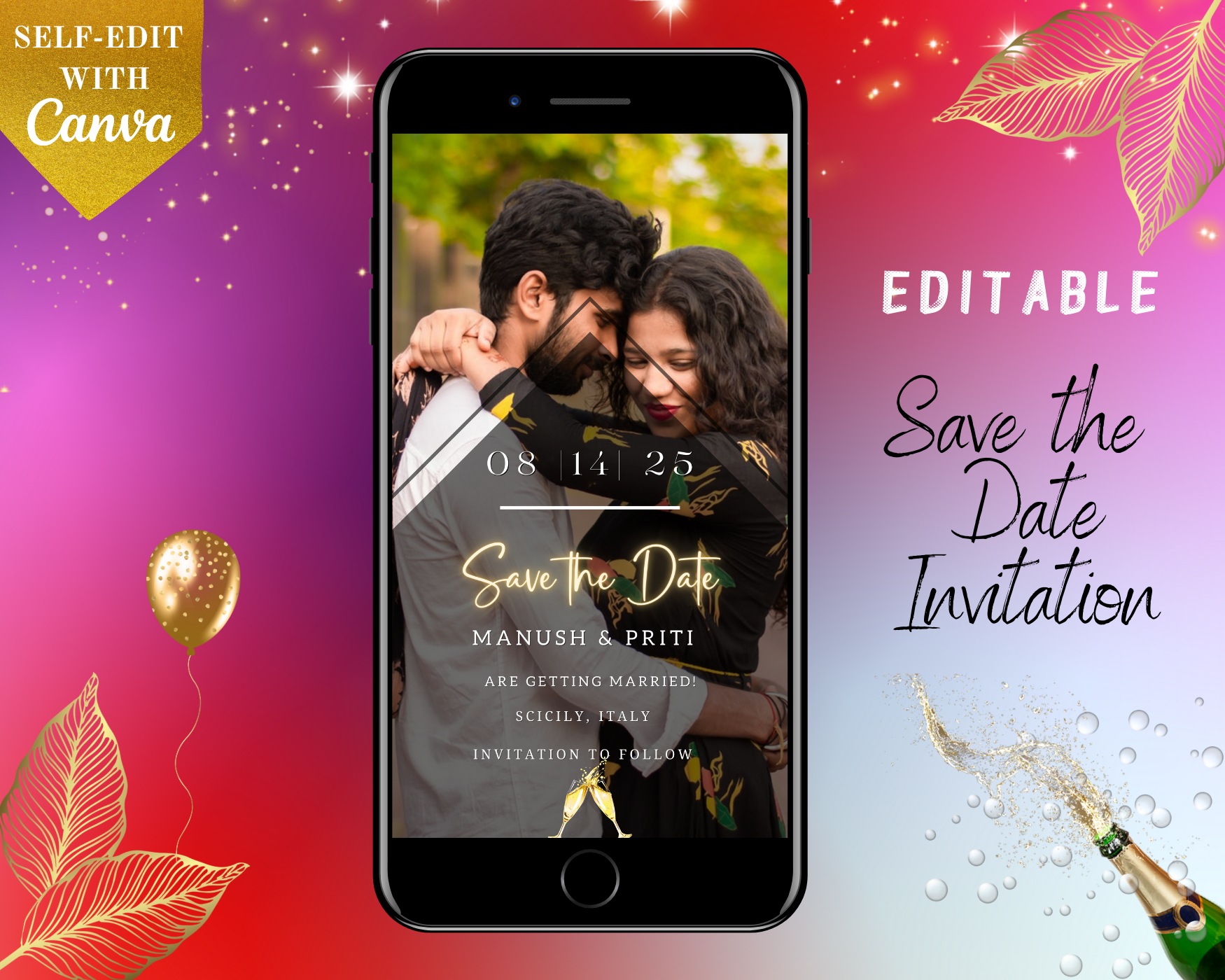 Gold Neon Photo | Save The Date Wedding Evite displayed on a smartphone, showing a couple hugging, customizable via Canva for easy event personalization.