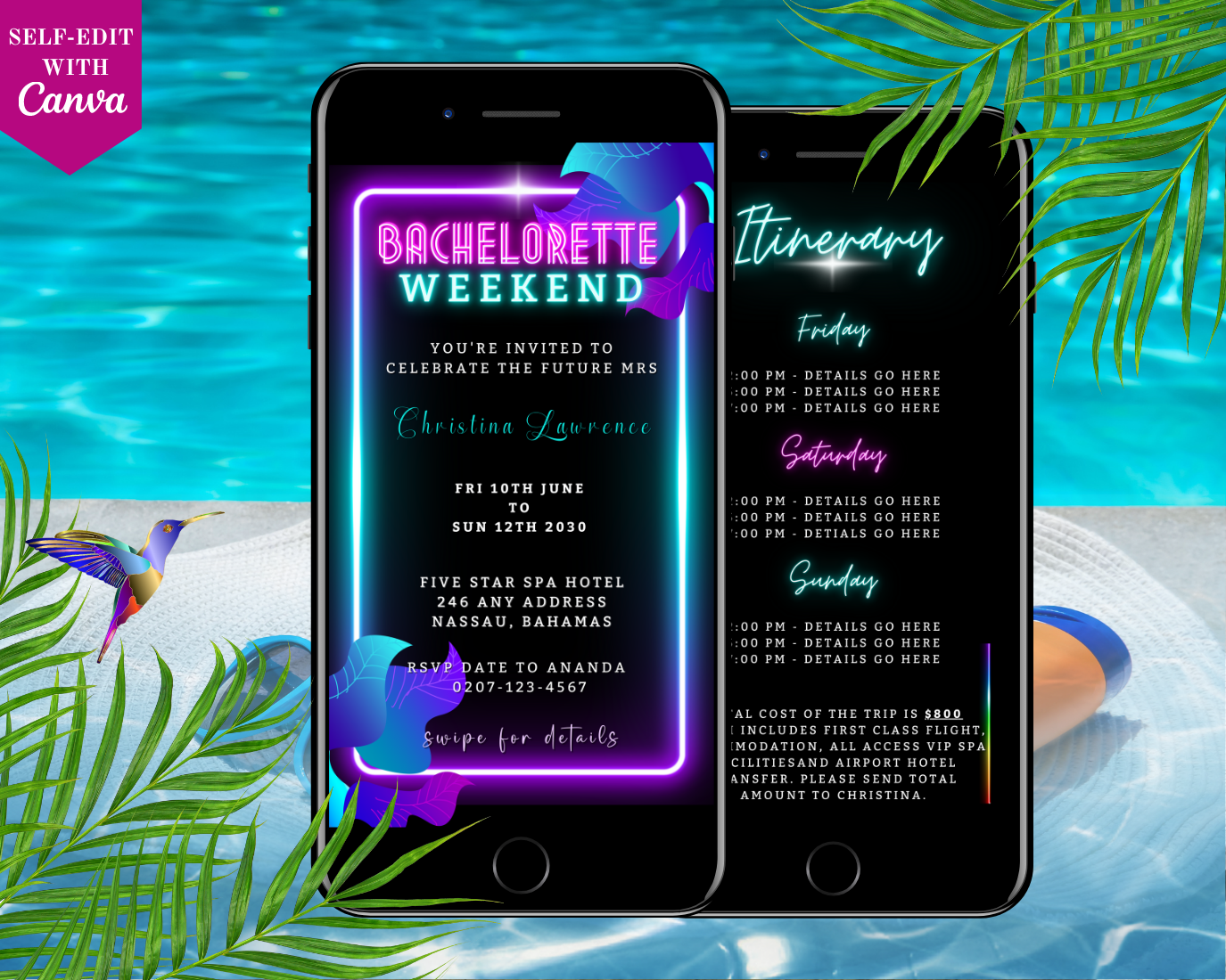 Two cell phones by a pool display a customizable digital neon pink aqua black Bachelorette Weekend Evite template from URCordiallyInvited.