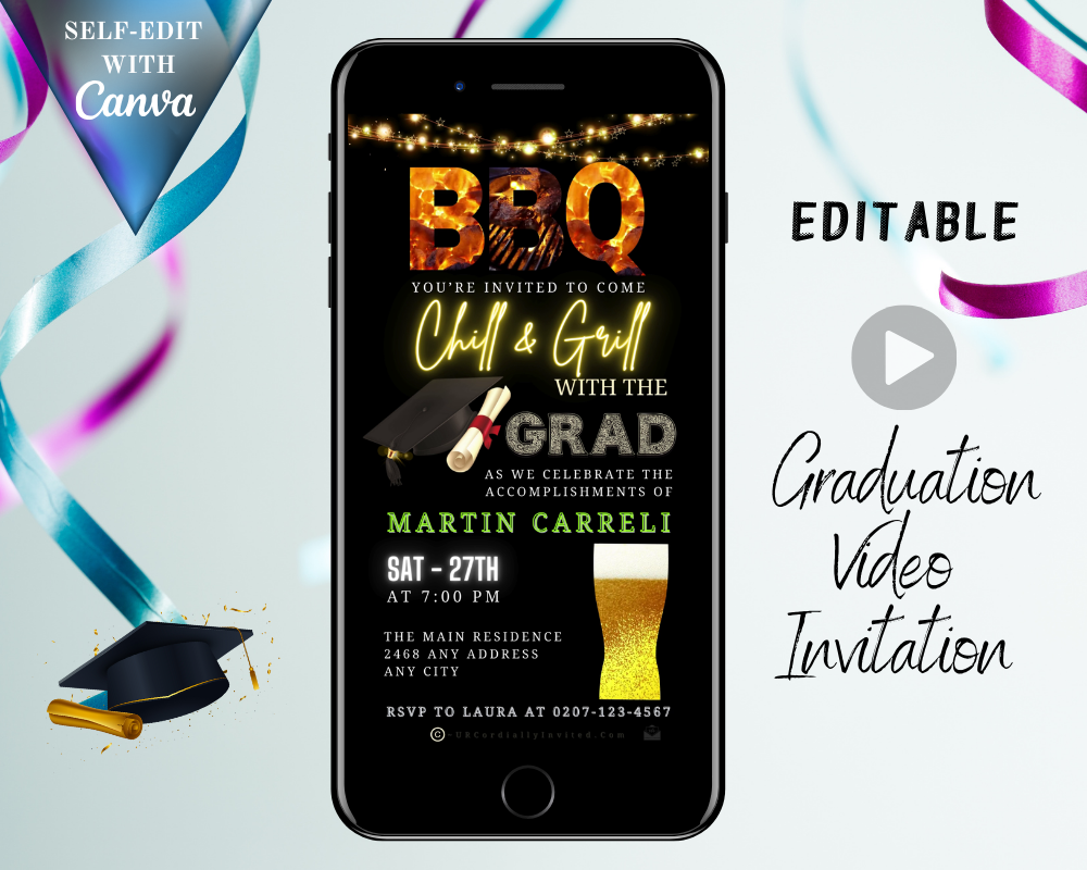BBQ Chill & Grill | Graduation Video Invitation displayed on a smartphone screen, featuring text, a graduation cap, and customizable details.