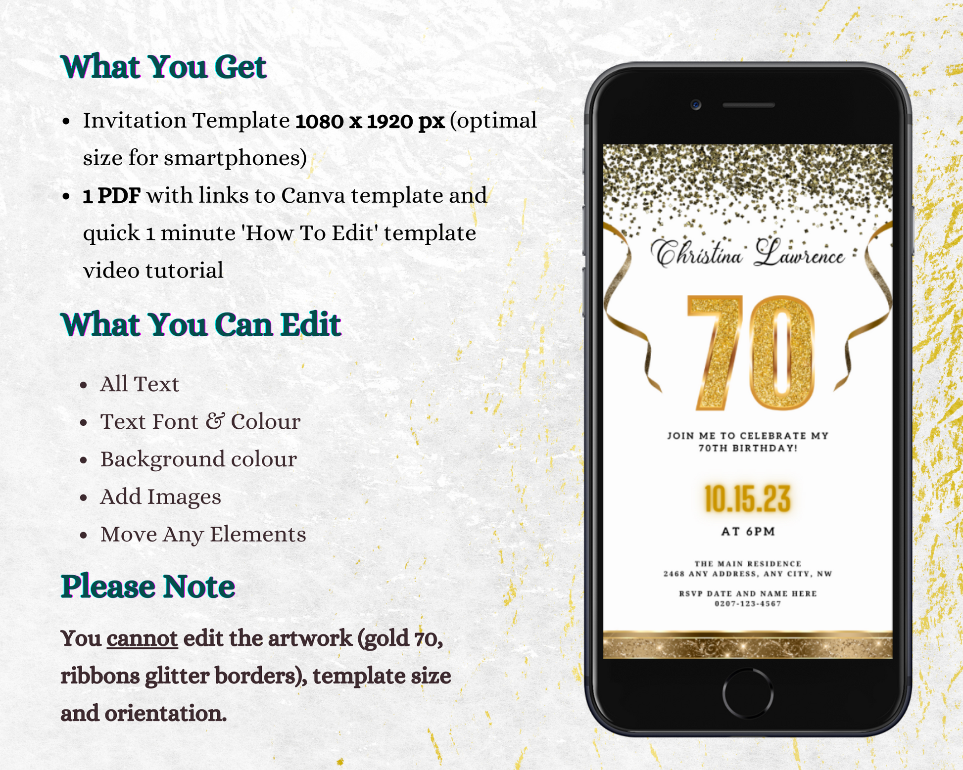 White Gold Confetti 70th Birthday Evite displayed on a smartphone with celebratory gold confetti and ribbon elements.