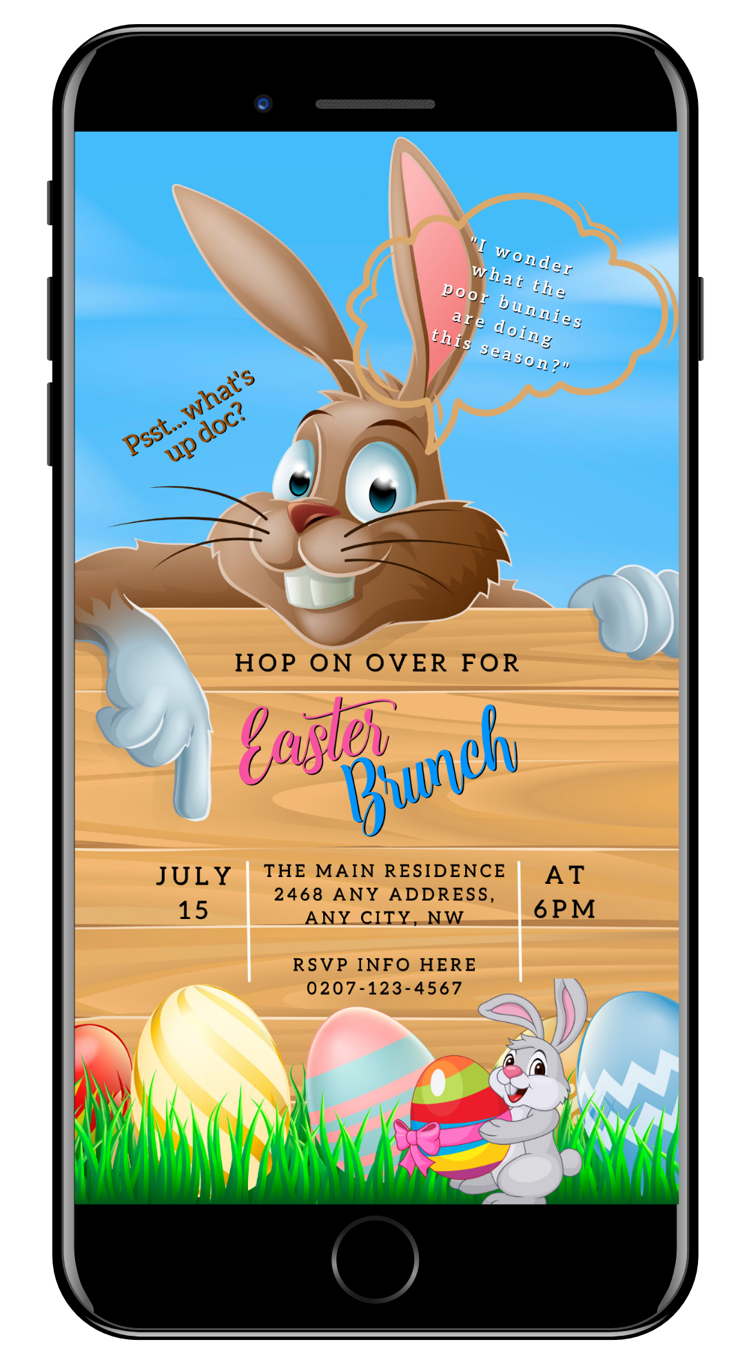 Editable Digital Brown Easter Bunny Evite on a smartphone screen, featuring a cartoon bunny with eggs, customizable for Easter Brunch Barbeque events.