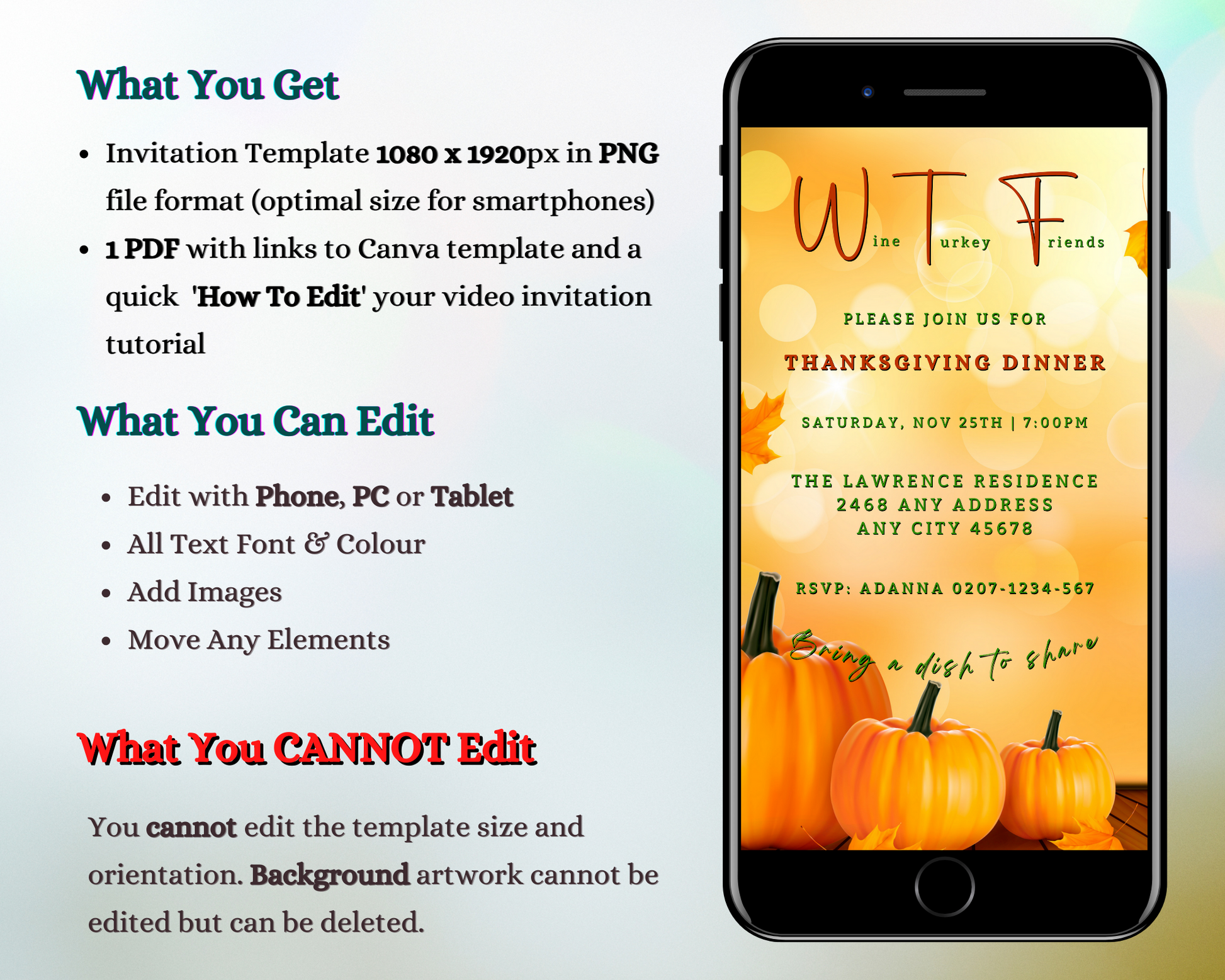 Golden Bokeh Pumpkin| WTF Thanksgiving Evite displayed on a mobile phone screen, featuring pumpkins and leaves, ready for customization via Canva.