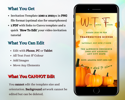 Golden Bokeh Pumpkin| WTF Thanksgiving Evite displayed on a mobile phone screen, featuring pumpkins and leaves, ready for customization via Canva.