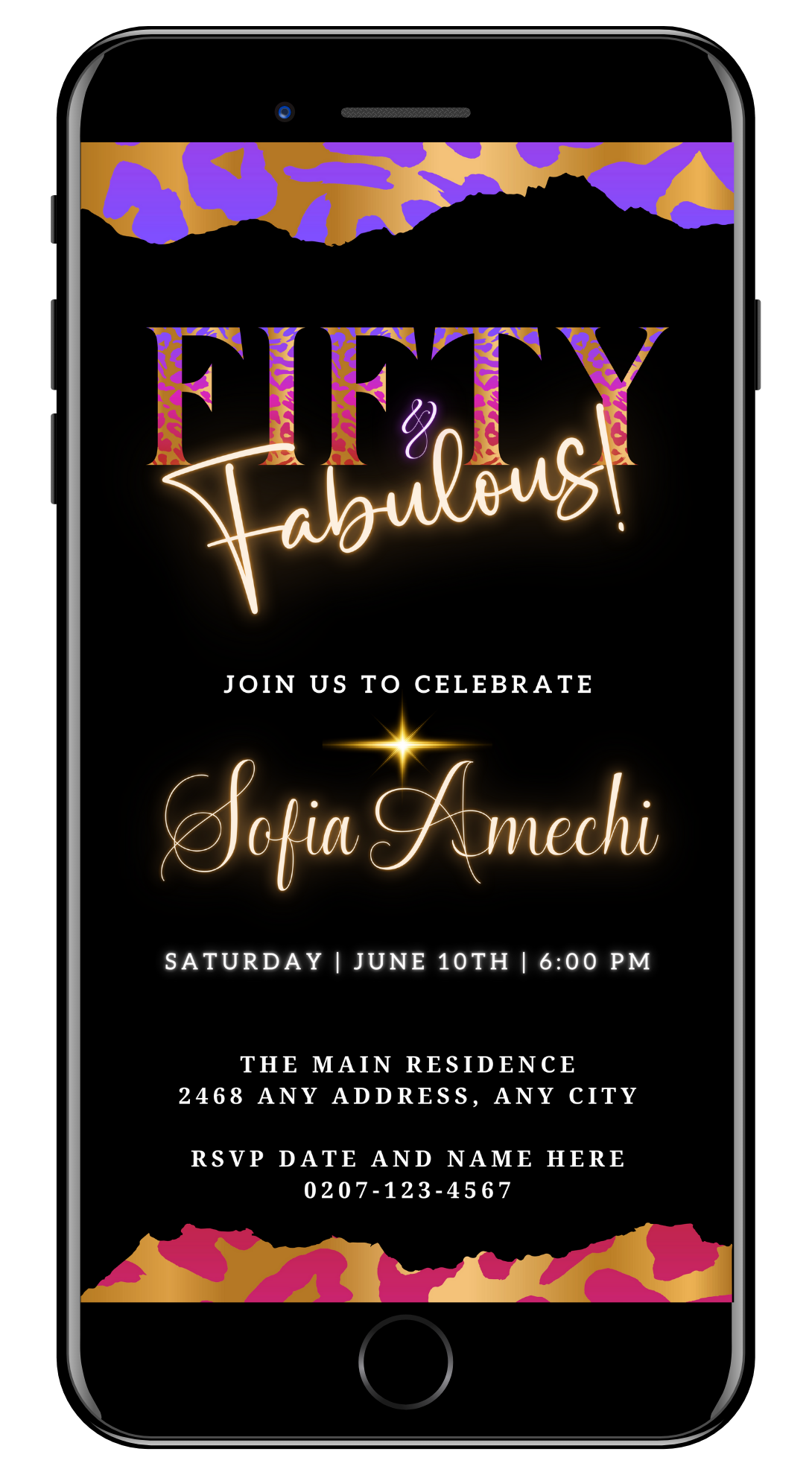 Purple Pink Gold Neon | Fifty & Fabulous Party Evite: A customizable digital invitation with gold text on a black background, featuring pink and purple accents.