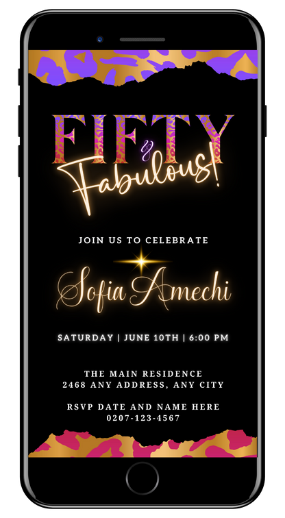 Purple Pink Gold Neon | Fifty & Fabulous Party Evite: A customizable digital invitation with gold text on a black background, featuring pink and purple accents.