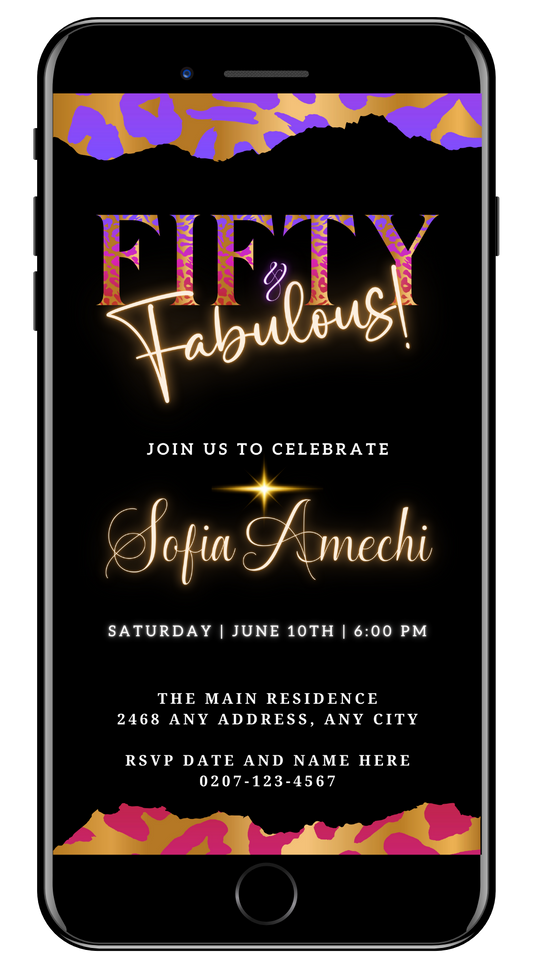 Purple Pink Gold Neon | Fifty & Fabulous Party Evite: A customizable digital invitation with gold text on a black background, featuring pink and purple accents.