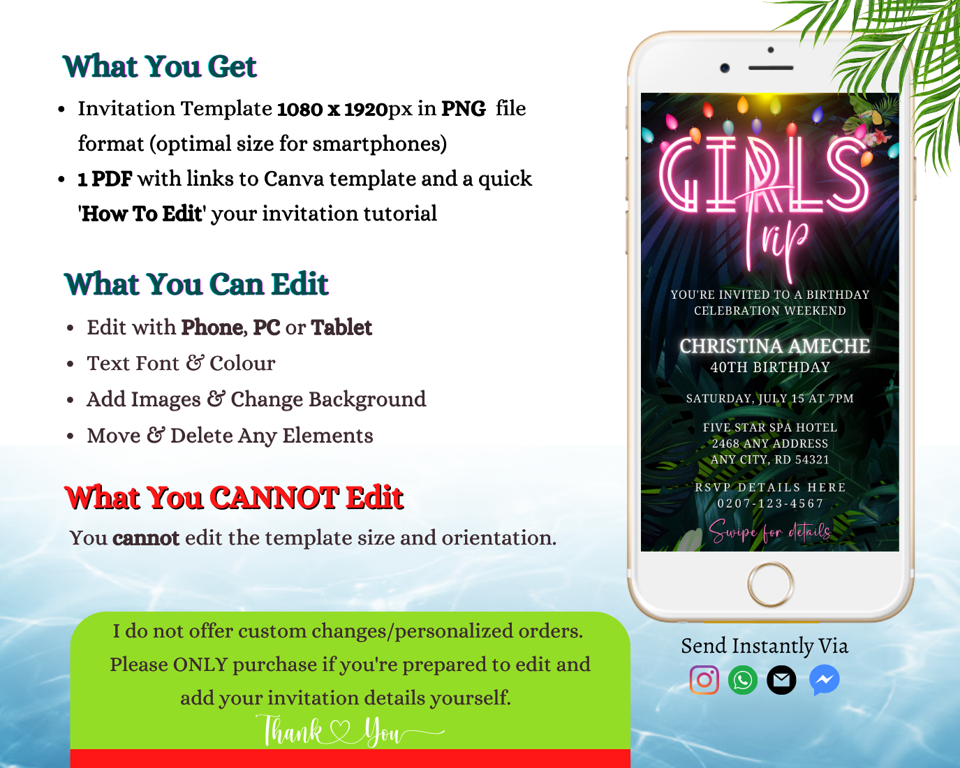 Customizable Tropical Destination Neon Pink Girl's Trip Evite displayed on a smartphone screen with editable text and vibrant graphics.
