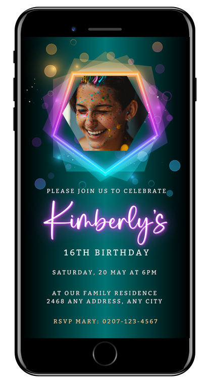 Neon Green Pink Birthday Party Evite on a smartphone screen, featuring a woman with colorful sprinkles on her face and customizable event details.