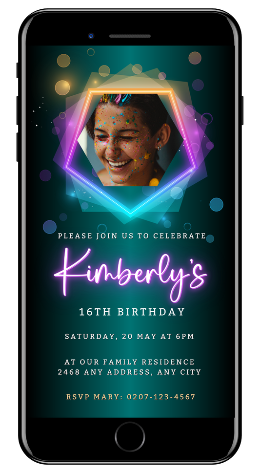 Neon Green Pink Birthday Party Evite on a smartphone screen, featuring a woman with colorful sprinkles on her face and customizable event details.